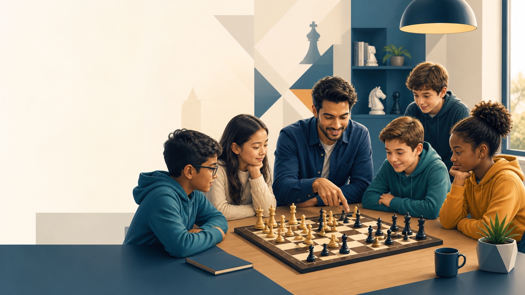 A small group of students learning chess together with an instructor