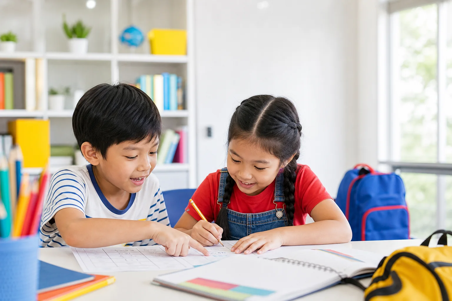 Young students learning together in a bright classroom