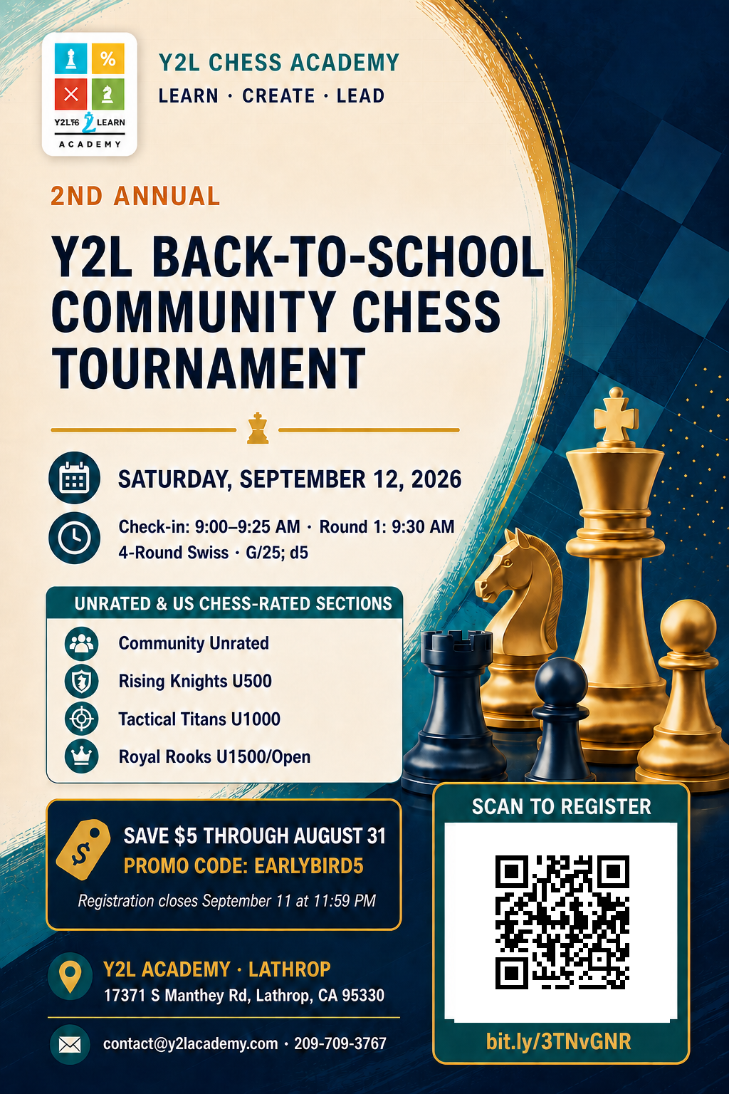 Flyer for the 2nd Annual Y2L Back-to-School Community Chess Tournament on September 12, 2026, with sections, schedule, registration QR code, and event details.